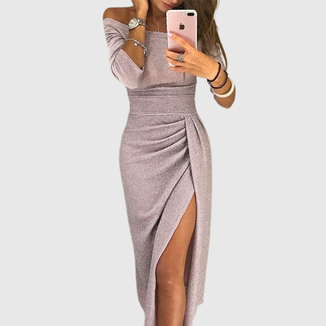 ELINA | OFF-SHOULDER SHIMMER DRESS