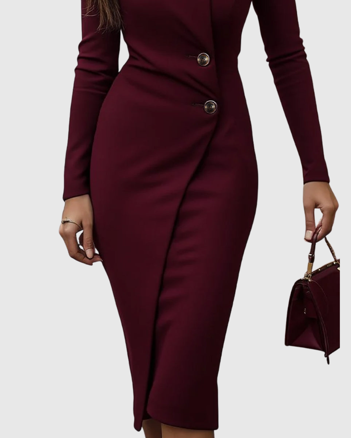 LUNED | BURGUNDY WRAP-FRONT BUTTONED MIDI DRESS